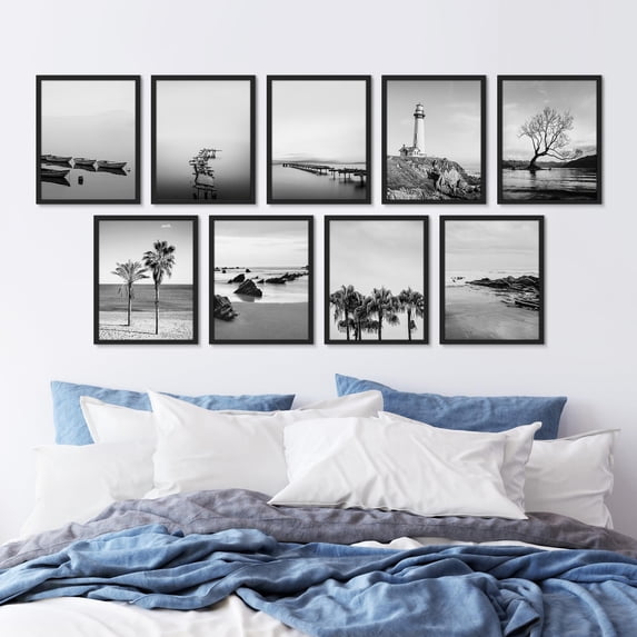 PixonSign Framed Canvas Print Wall Art Set - Black & White Ocean Seaside Posters - Set of 9 Travel Coastal Photography Modern Art Minimal Wall Décor for Living Room, Bedroom - 12"x16" Black