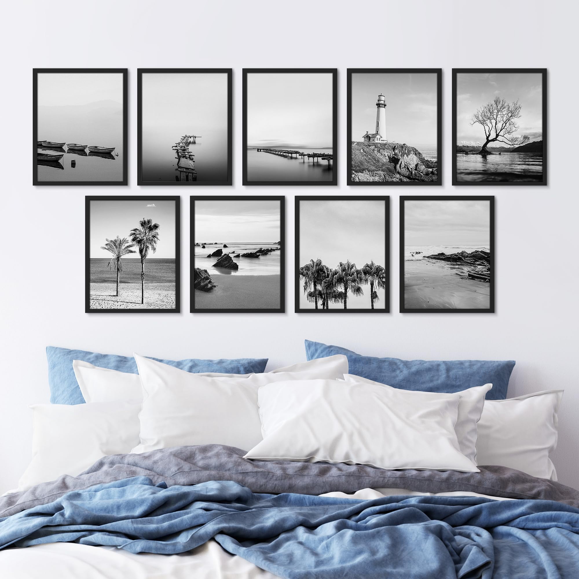 PixonSign Framed Canvas Print Wall Art Set - Black & White Ocean ...