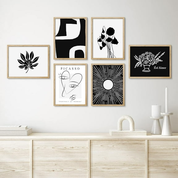 PixonSign Framed Canvas Print Wall Art Set - Black & White Picasso Flower & Humanities Patten - Set of 6 Abstract Geometric Minimalism Poster Cultural Art Wall Décor - 8"x10"x6 Natural