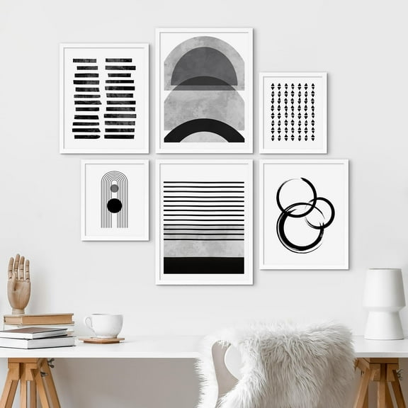 PixonSign Framed Canvas Print Wall Art Set - Black & White Polygon Pattern Poster Art - Collage Print Gallery Set of 6 Variety Abstract Geometric Illustrations Wall Décor for Home - White