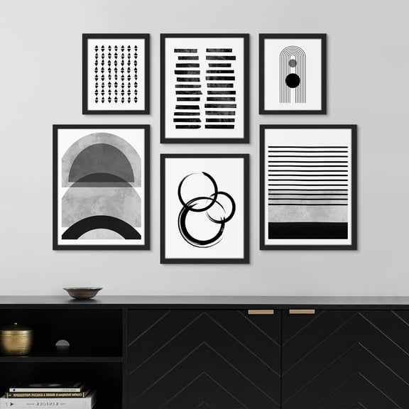 PixonSign Framed Canvas Print Wall Art Set - Black & White Polygon Pattern Poster Art - Collage Print Gallery Set of 6 Variety Abstract Geometric Illustrations Wall Décor for Home - Black