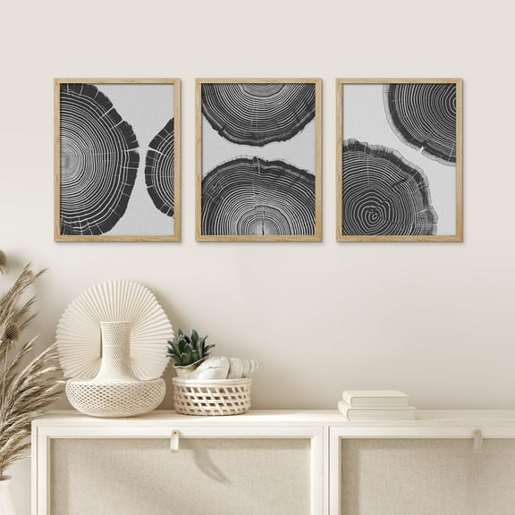 PixonSign Framed Canvas Print Wall Art Set - Black & White Tree Rings Pattern Poster Art - Set of 3 Nature Wilderness Botanical Plants Photography Wall Décor for Living Room - 12"x16" Natural