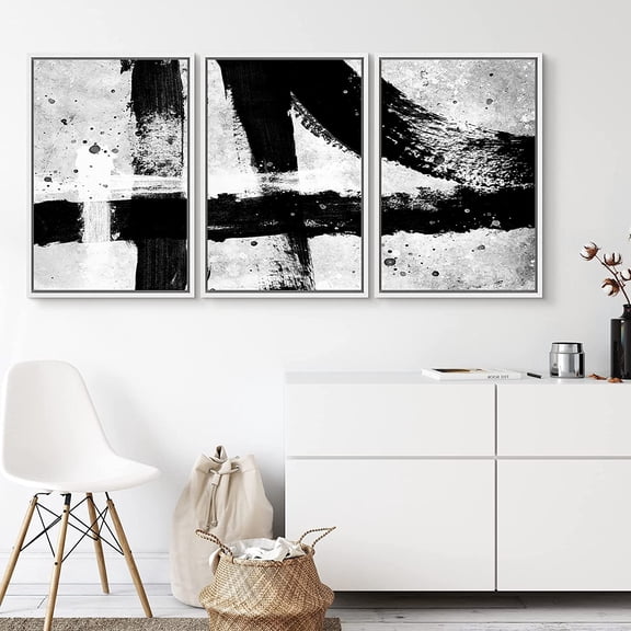 PixonSign Framed Canvas Print Wall Art Set Black and White Wavy Brushstrokes Geometric Shapes Modern Art Alternative Dark Black and White for Living Room, Bedroom, Office - 16"x24"x3 White