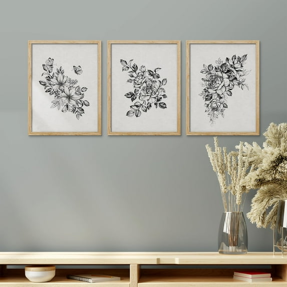 PixonSign Framed Canvas Print Wall Art Set - Black & White Wildflower Trio Poster Arts - Set of 3 Botanical Floral Colorful Wall Décor for Living Room, Bedroom, Office - 8"x10" Natural