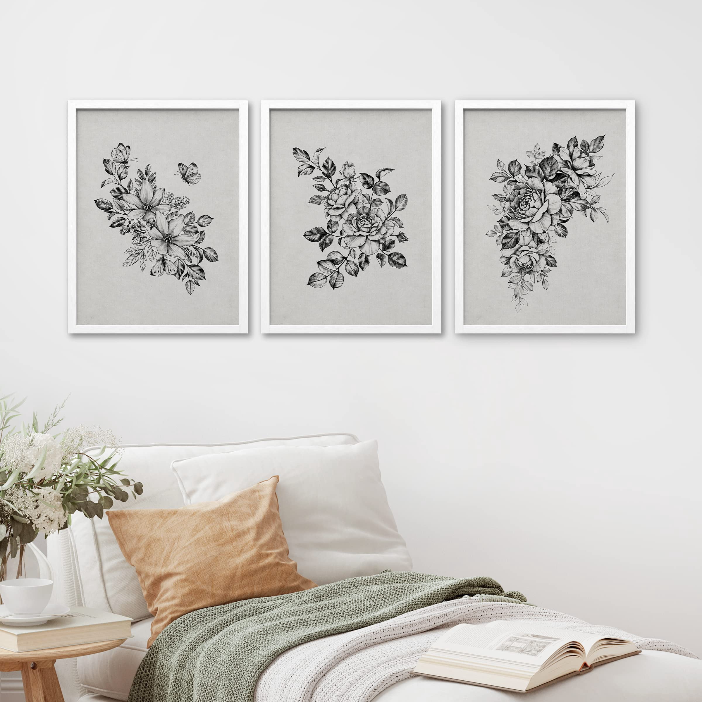 PixonSign Framed Canvas Print Wall Art Set - Black & White Wildflower ...