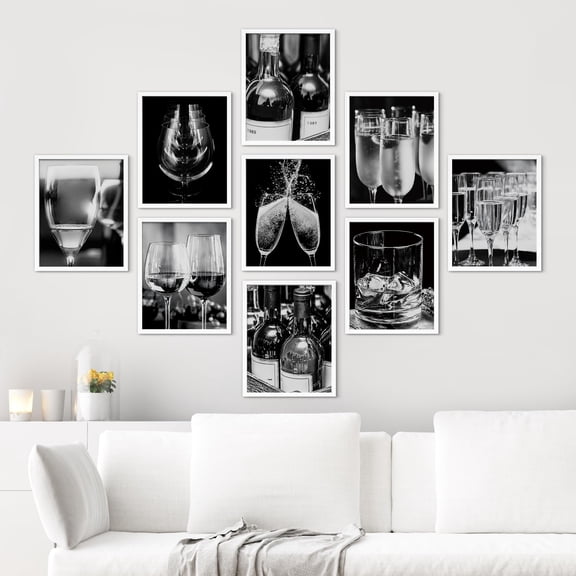 PixonSign Framed Canvas Print Wall Art Set - Black & White Wine Martini Cocktails Posters - Set of 9 Food Drinks Photography Modern Art Culinary Celebrations Wall Décor for Rooms - 11"x14" White