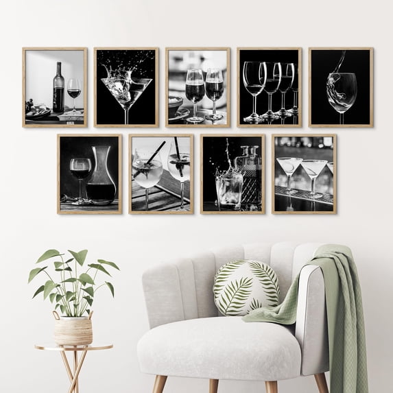 PixonSign Framed Canvas Print Wall Art Set - Black & White Wine Martini Cocktails Posters - Set of 9 Food Drinks Photography Modern Art Minimal Wall Décor for Living Room, Bedroom - 8"x10" Natural