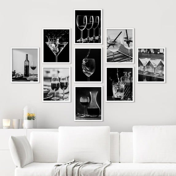 PixonSign Framed Canvas Print Wall Art Set - Black & White Wine Martini Cocktails Posters - Set of 9 Food Drinks Photography Modern Art Minimal Wall Décor for Living Room, Bedroom - 12"x16" White