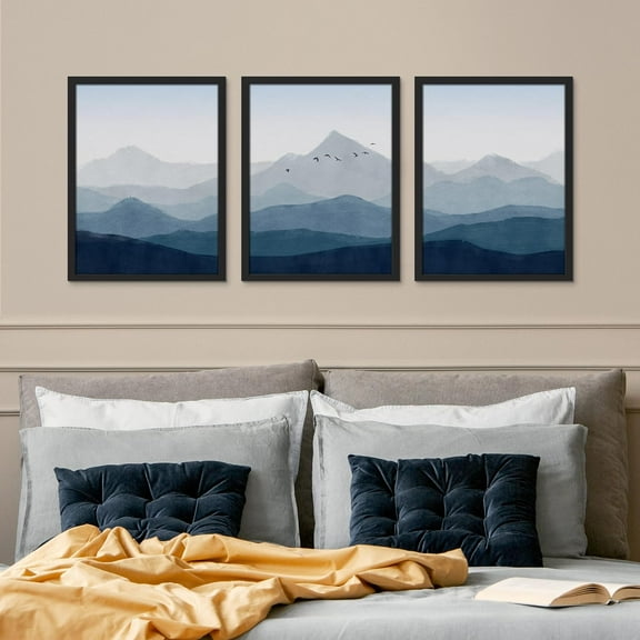 PixonSign Framed Canvas Print Wall Art Set - Blue Mountain Range Bird Sky Art - Set of 3 Nature Wilderness Landscape Art Abstract Modern Print Minimalism Wall Décor - 12"x16"x3 Panels Black