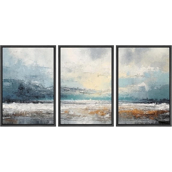 PixonSign Framed Canvas Print Wall Art Set Blue Ocean Waterfront Coastal Pastel Landscape Nature Wilderness Illustrations Modern Art Decorative Rustic Relax/Calm Colorful for Bedroom - 24"x36"x3 Black