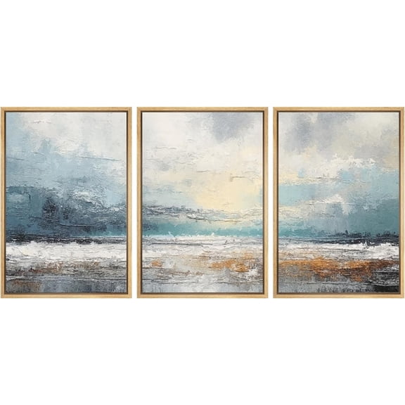 PixonSign Framed Canvas Print Wall Art Set Blue Ocean Waterfront Coastal Pastel Landscape Nature Wilderness Illustrations Modern Art Decorative Rustic Relax/Calm Colorful - 24"x36"x3 Natural