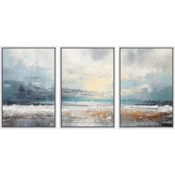 PixonSign Framed Canvas Print Wall Art Set Blue Ocean Waterfront Coastal Pastel Landscape Nature Wilderness Illustrations Modern Art Decorative Rustic Relax/Calm Colorful for Bedroom - 24"x36"x3 White
