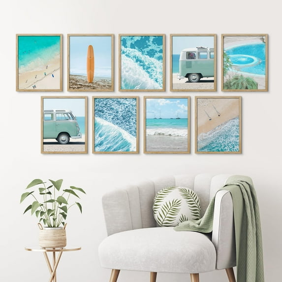 PixonSign Framed Canvas Print Wall Art Set - Blue Ocean Wave & Beach Landscape Poster Arts - Set of 9 Nature Wilderness Seaside Surfboard Wall Décor for Home Decoration - 12"x16" Natural
