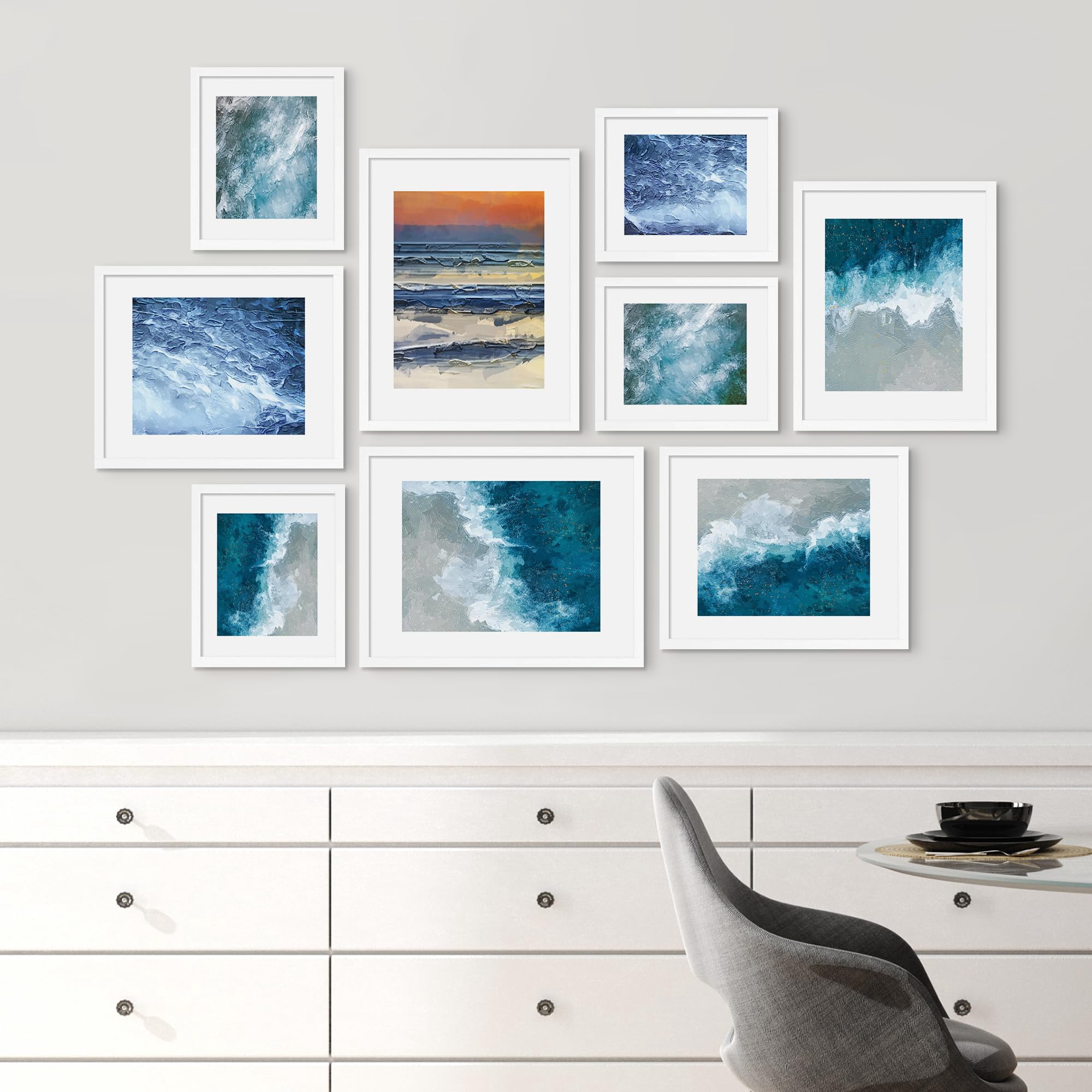 PixonSign Framed Canvas Print Wall Art Set - Blue Seawave and Seafoam ...