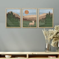 PixonSign Framed Canvas Print Wall Art Set - Blue Sky Sunset Mountain Deer Forest Art - Set of 3 Animal Landscape Modern Art Geometric Abstract Rustic Wall Décor - 12"x16"x3 Panels Natural