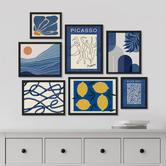 PixonSign Framed Canvas Print Wall Art Set - Blue & White Picasso Style Posters - Geometric Print Gallery Set of 7 Abstract Plants & Mountain Illustrations Digital Art Wall Décor for Home - Black