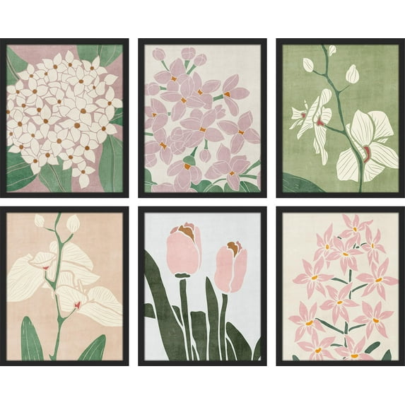 PixonSign Framed Canvas Print Wall Art Set - Blush Pink Pastel Wildflower Floral Posters - Set of 6 Vintage Retro Antique Mixed Media Country Cultural Art Wall Décor - 12"x16"x6 Black