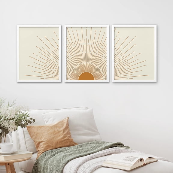 PixonSign Framed Canvas Print Wall Art Set - Boho Mid-Century Orange Minimal Shining Sun Galaxy Art - Set of 3 Abstract Shapes Modern Wall Décor for Living Room, Bedroom - 12"x16"x3 Panels White