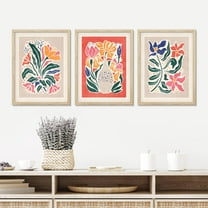 PixonSign Framed Canvas Print Wall Art Set - Botanical Jungle Flower Posters - Set of 3 Multicolor Floral Prints Pastel Boho Illustration Wall Décor for Preppy Room - 12"x16"x3 Natural