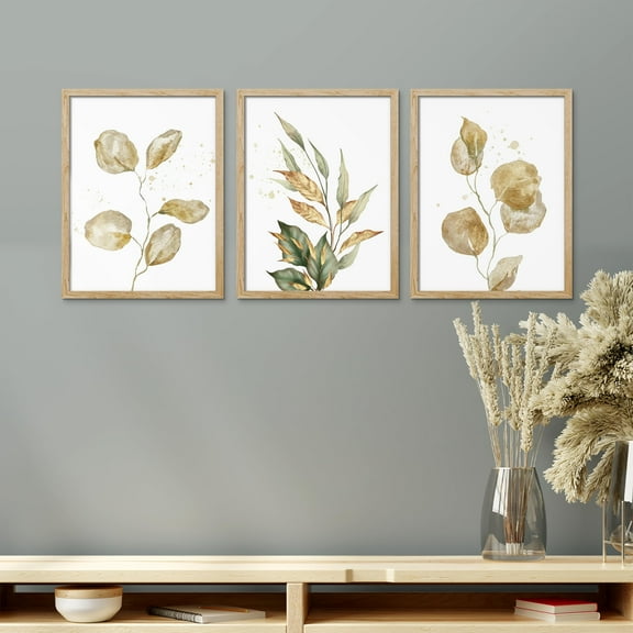 PixonSign Framed Canvas Print Wall Art Set - Brown and Green Tropical Forest Plants Posters - Set of 3 Nature Wilderness Botanical Prints Boho Minimalist Wall Décor for Living Room - 12"x16" Natural