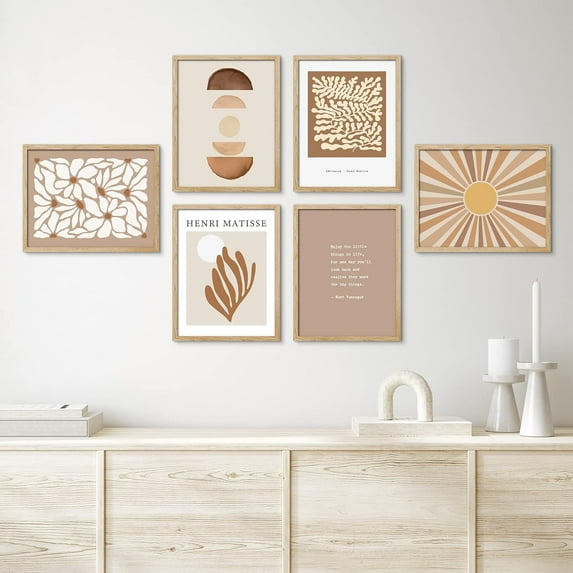 PixonSign Framed Canvas Print Wall Art Set - Brown Sunshine & Plants & Letter Patten - Set of 6 Abstract Geometric Minimalism Poster Cultural Art Wall Décor - 11"x14"x6 Natural