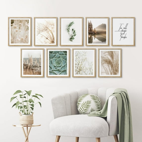 PixonSign Framed Canvas Print Wall Art Set - Calming Botanicals Elegant Floral Poster Art - Set of 9 Nature Wilderness Floral Plants Photography Wall Décor for Living Room - 8"x10" Natural