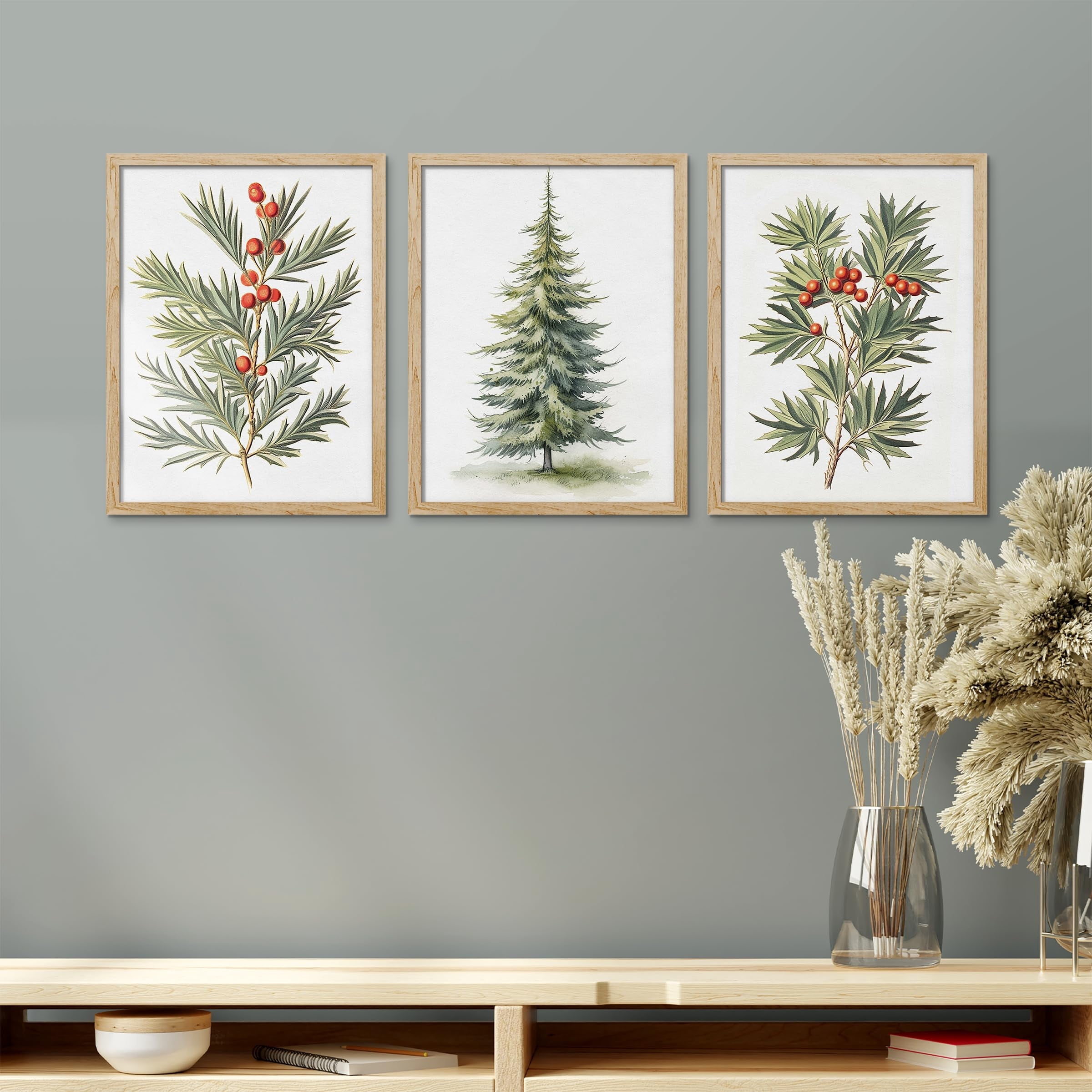 PixonSign Framed Canvas Print Wall Art Set - Classic Pine Tree and Red ...