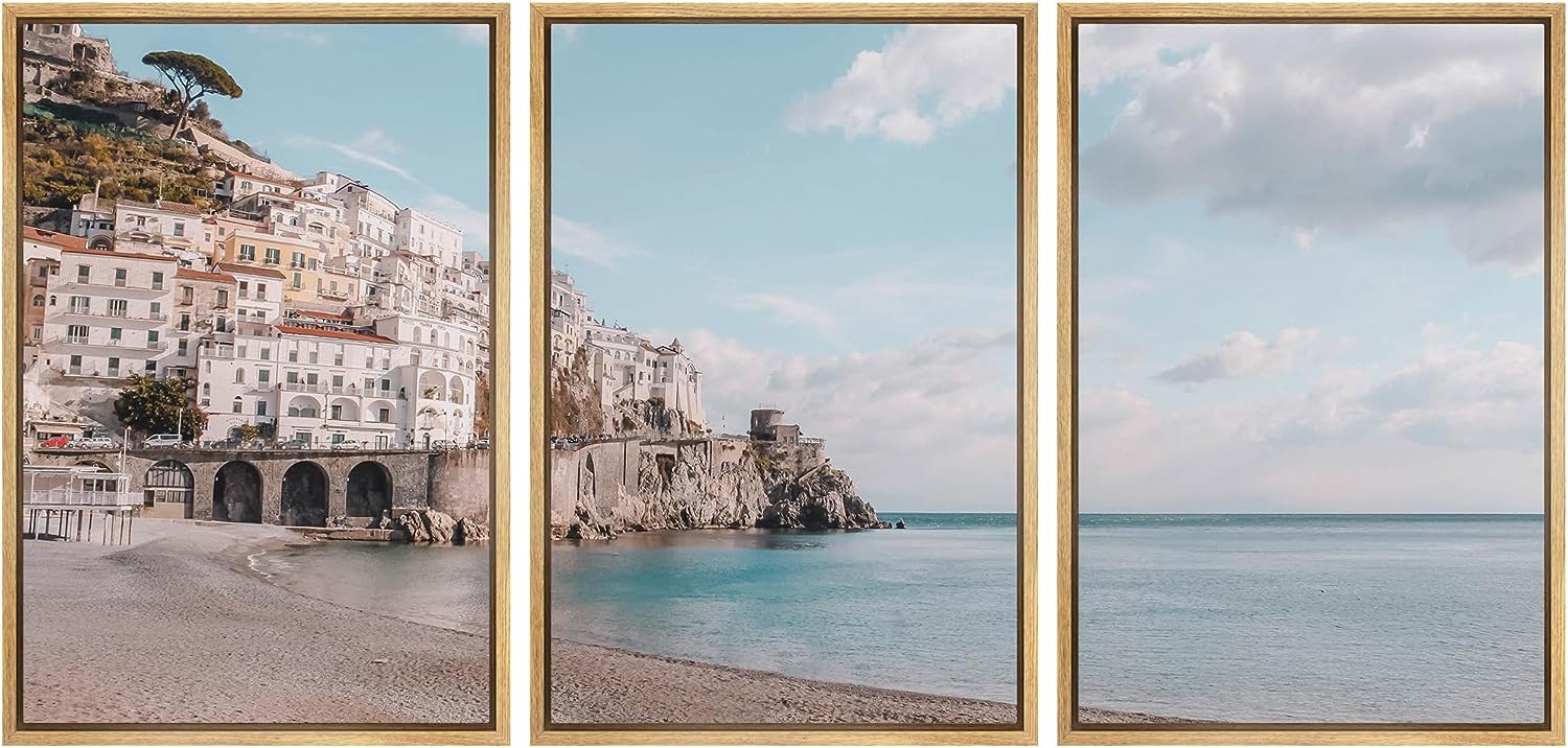 PixonSign Framed Canvas Print Wall Art Set Coastal Beach Shore City ...