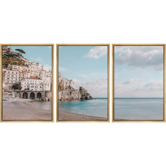 PixonSign Framed Canvas Print Wall Art Set Coastal Beach Shore City Seascape Urban Architecture Photography Realism Scenic Landscape Decorative Colorful Multicolor for Bedroom- 16"x24"x3 Natural
