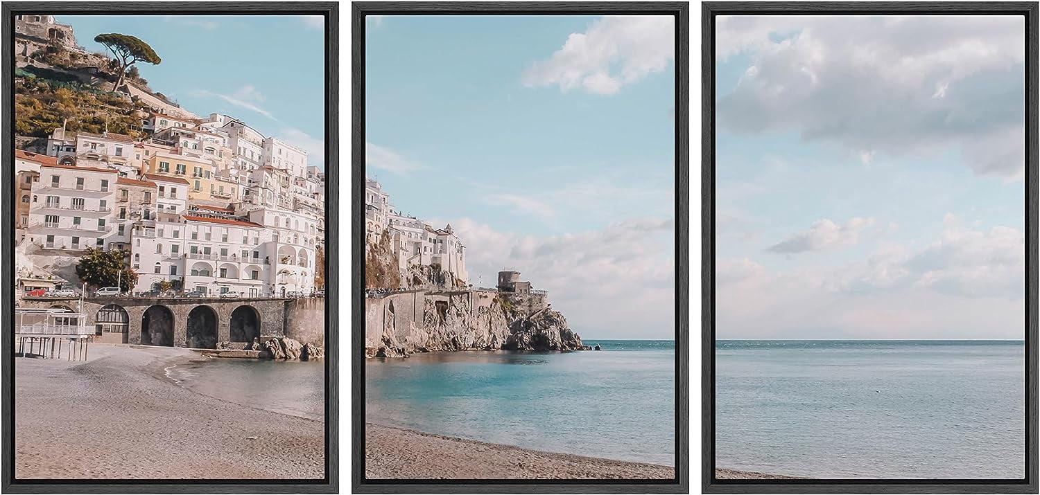 PixonSign Framed Canvas Print Wall Art Set Coastal Beach Shore City ...