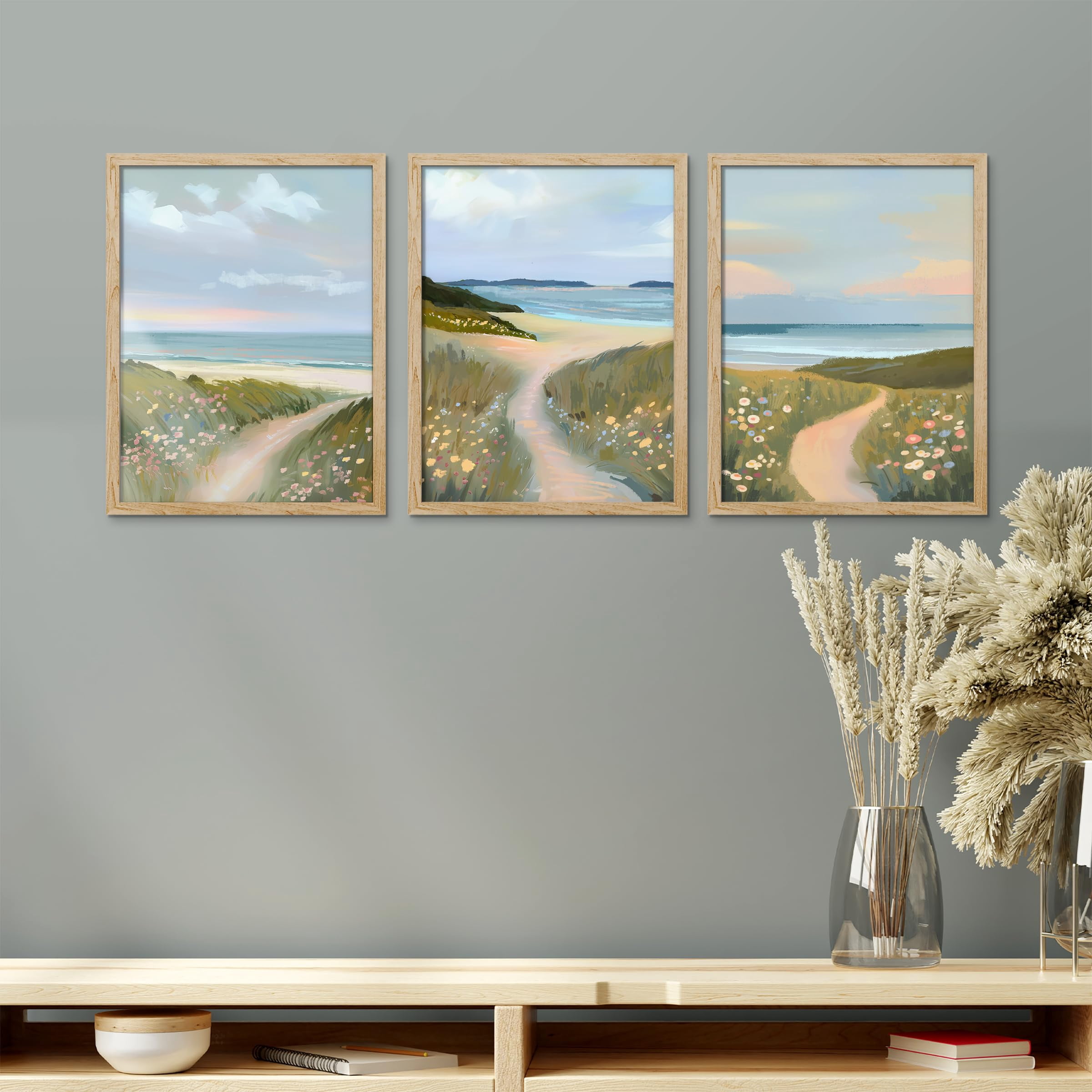 PixonSign Framed Canvas Print Wall Art Set - Coastal Beach Shore Road ...