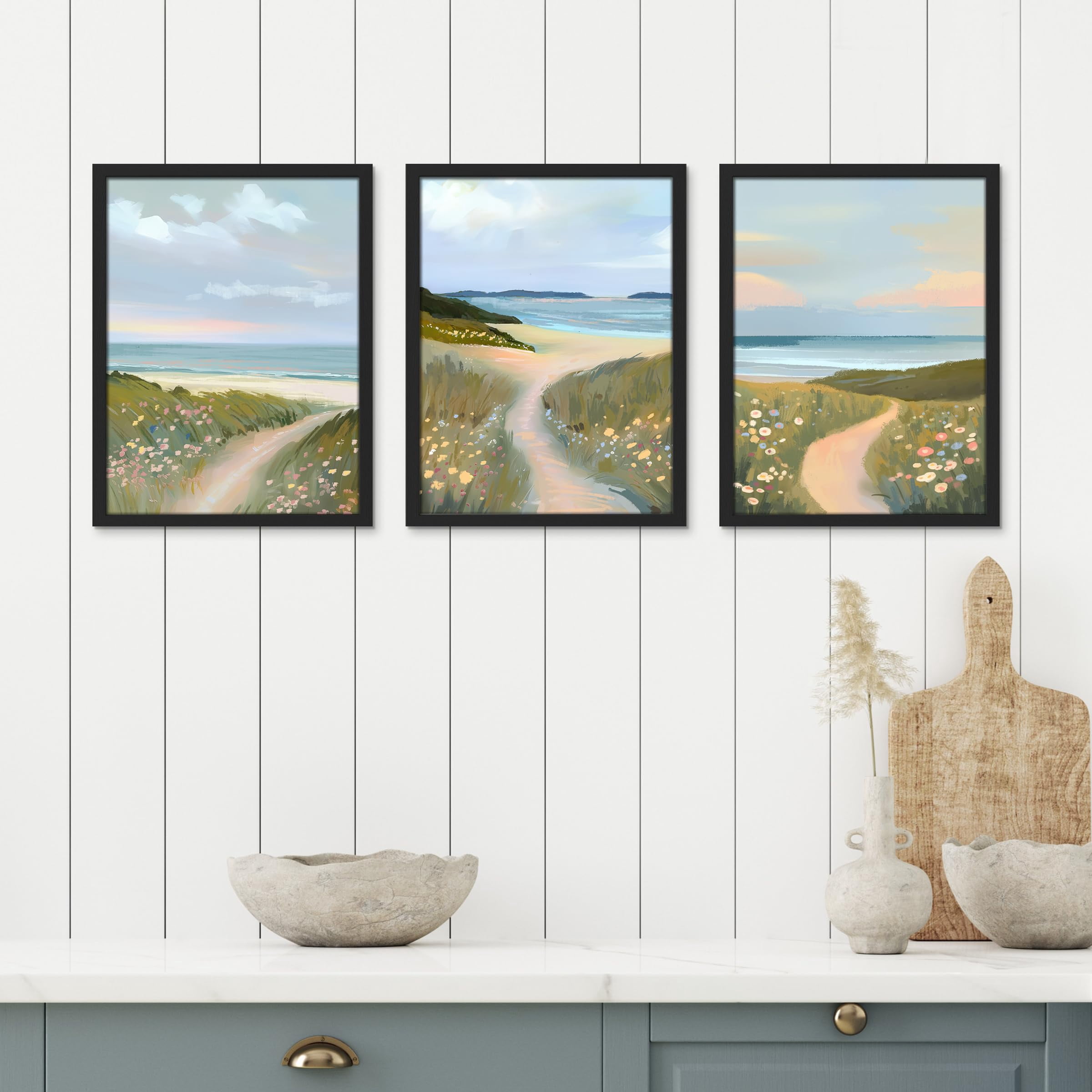PixonSign Framed Canvas Print Wall Art Set - Coastal Beach Shore Road ...