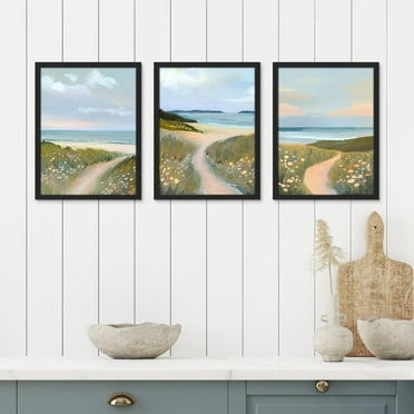 PixonSign Framed Canvas Print Wall Art Set - Coastal Beach Shore Road Landscape Posters - Set of 3 Wilderness Nature Country/Farmhouse Illustrations Wall Décor for Living Room - 8"x10" Black