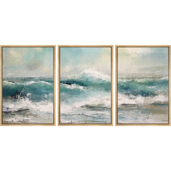 PixonSign Framed Canvas Print Wall Art Set Coastal Ocean Wave Beach Watercolor Seascape Nature Wilderness Illustrations Modern Art Decorative Rustic Relax/Calm Colorful for Bedroom - 16"x24"x3 Natural