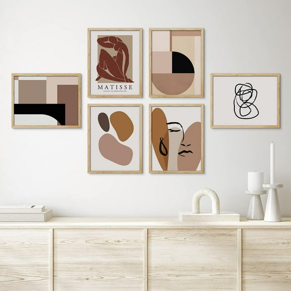 PixonSign Framed Canvas Print Wall Art Set - Colorful Abstract Geometric Art & Humanities Mid-Century Portraits - Set of 6 Modern Poster Cultural Art Wall Décor - 8"x10"x6 Natural
