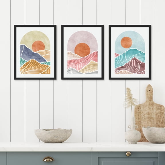PixonSign Framed Canvas Print Wall Art Set - Colorful Abstract Geometric Mountains Sunrise Landscape Posters - Set of 3 Boho Pastel Wall Décor for Living Room, Bedroom, Office - 12"x16" Black