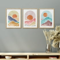 PixonSign Framed Canvas Print Wall Art Set - Colorful Abstract Geometric Mountains Sunrise Landscape Posters - Set of 3 Boho Pastel Wall Décor for Living Room, Bedroom, Office - 11"x14" Natural