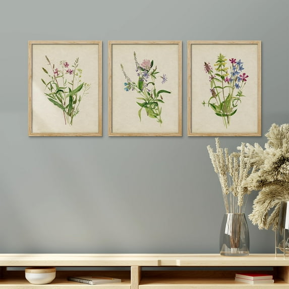 PixonSign Framed Canvas Print Wall Art Set - Colorful Country Wildflowers Poster Art - Set of 3 Nature Wilderness Vintage Floral Banquet Wall Décor for Living Room, Bedroom, Office - 12"x16" Natural