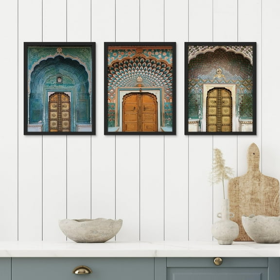 PixonSign Framed Canvas Print Wall Art Set - Colorful Decorated Doors Architecture Cityscape Posters - Set of 3 Travel Photography Prints Retro Wall Décor for Living Room - 8"x10" Black