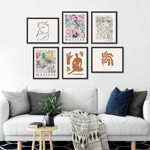 PixonSign Framed Canvas Print Wall Art Set - Colorful Flower Garden Bouquet Matisse & Humanities Pattern - Set of 6 Abstract Geometric Illustrations Cultural Art Wall Décor - 12"x16"x6 Black