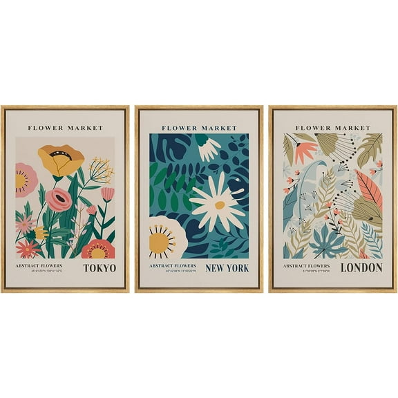 PixonSign Framed Canvas Print Wall Art Set Colorful Flower Market Exhibition Prints Nature Wilderness Illustrations Modern Art Decorative Floral Botanical Minimal Calm for Bedroom - 16"x24"x3 Natural