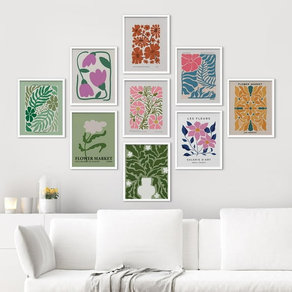 PixonSign Framed Canvas Print Wall Art Set - Colorful Vibrant Wildflowers Forest Plant Poster Art - Set of 9 Nature Wilderness Garden Floral Botanical Wall Décor for Living Room - 8"x10" White