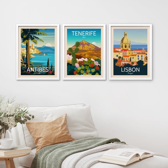 PixonSign Framed Canvas Print Wall Art Set - Colorful World Map Posters - Set of 3 Famous Landscape & Landmark Buildings Prints Boho Minimalist Wall Décor for Living Room - 8"x10" White