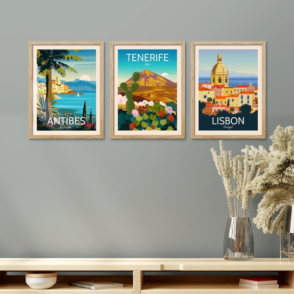 PixonSign Framed Canvas Print Wall Art Set - Colorful World Map Posters - Set of 3 Famous Landscape & Landmark Buildings Prints Boho Minimalist Wall Décor for Living Room - 12"x16" Natural
