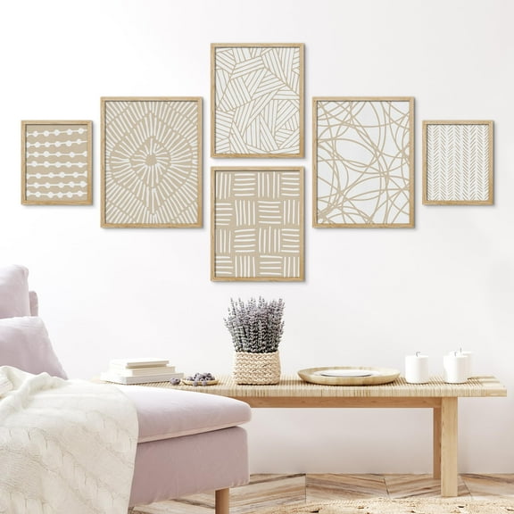 PixonSign Framed Canvas Print Wall Art Set - Curve Tan Line, Circle, Polygon Patterns Posters - Gallery Set of 6 Variety Abstract Geometric Illustrations Wall Décor for Home - Natural