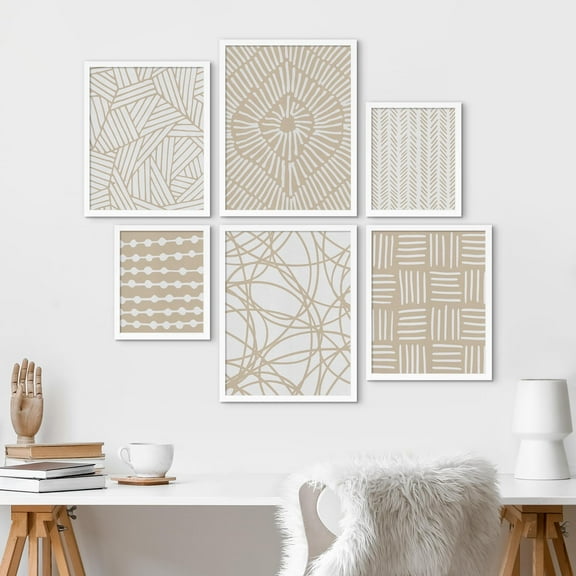 PixonSign Framed Canvas Print Wall Art Set - Curve Tan Line, Circle, Polygon Patterns Posters - Gallery Set of 6 Variety Abstract Geometric Illustrations Wall Décor for Home - White