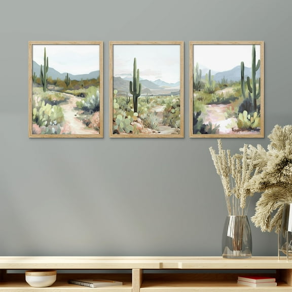 PixonSign Framed Canvas Print Wall Art Set - Desert Cactus Landscape Art - Set of 3 California Desert Botanical Southwest Farmhouse Wall Décor for Living Room, Bedroom - 8"x10" Panels Natural