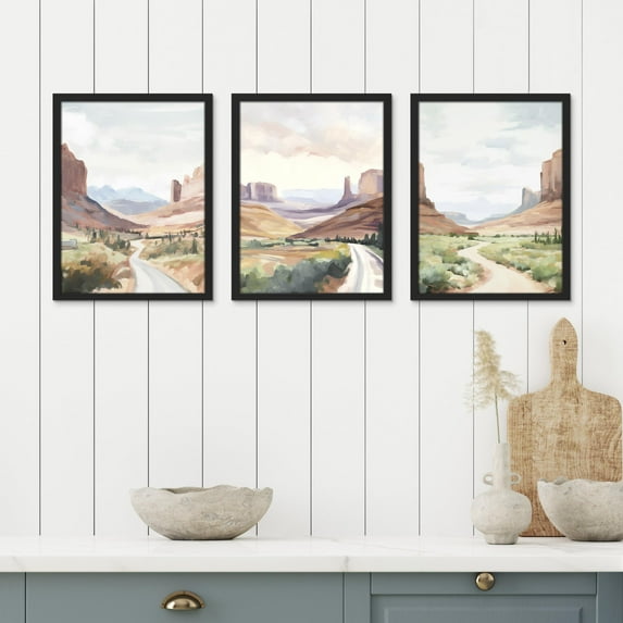 PixonSign Framed Canvas Print Wall Art Set - Desert Landscape Grand Canyon Joshua Tree Posters - Set of 3 Pastel Colorful Country/Farmhouse Wall Décor for Bedroom, Office - 12"x16" Black
