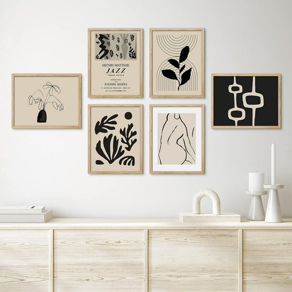 PixonSign Framed Canvas Print Wall Art Set - Duotone Black Geometric and Plant & Humanities Pattern Poster - Set of 6 Abstract Artwork Minimalism Cultural Art Wall Décor - 12"x16"x6 Natural