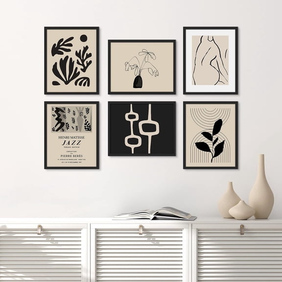 PixonSign Framed Canvas Print Wall Art Set - Duotone Black Geometric and Plant & Humanities Pattern Poster - Set of 6 Abstract Artwork Minimalism Cultural Art Wall Décor - 8"x10"x6 Black